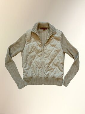 Y2K JJ Basics Cream Quilted Knit-Sleeve Zip Jacket